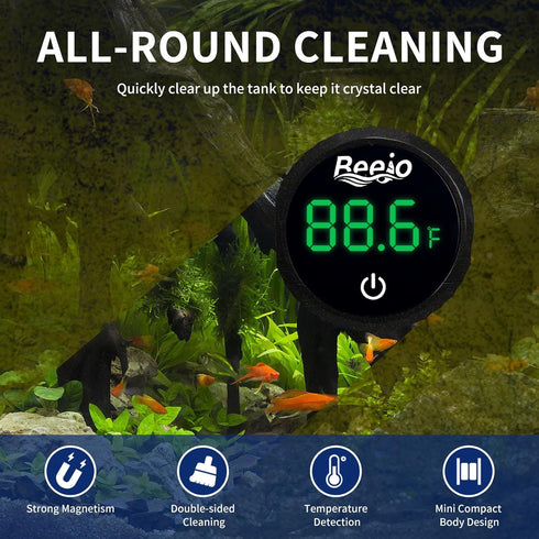 BEEJO 2 1 in Fish Tank Thermometer, Magnetic Fish Tank Cleaner, Aquarium Thermometer Digital with Touch Digital