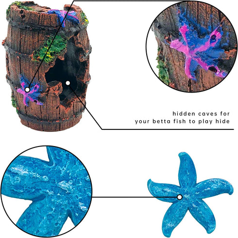GSD Star-Fish Broken Barrel Decor, Resin Betta Fish Tank Accessories, Includes 1 Broken Barrel & 2 Star Fish