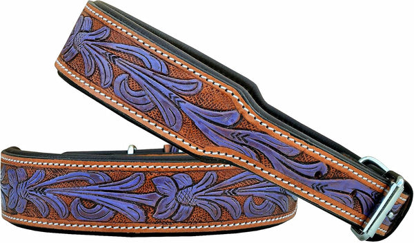 Leather Dog Collar, Western Style, Heavy Duty Hand Tooled, Adjustable Padded for Puppies and Big Dogs (10AB127-S)
