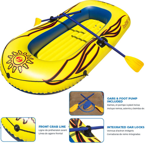 Solstice Inflatable Boat Rafts for 2 Persons, Yellow, Includes Oars, Pump, Cushioned Base, 6 Ft Grab Line