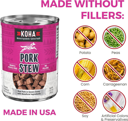12.7oz 12) KOHA Minimal Ingredient Pork Stew for Dogs, High Protein Limited Ingredient Dog Food, Cans (Case