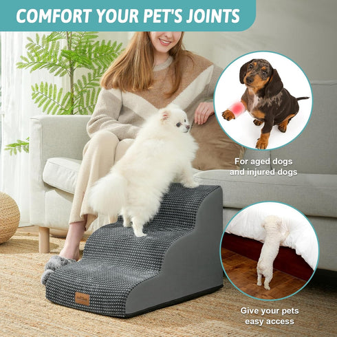 Dog Stairs for Couch or Low Bed, 3 Tiers Foam Pet Steps for Small Dogs, Dark Grey, 15.7x22.4x15.7in