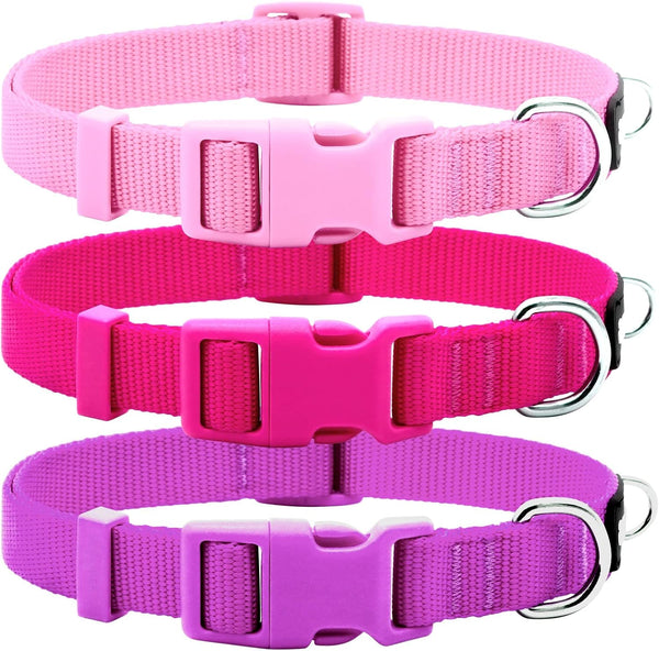 Azuza 3 Pack Comfortable Adjustable Nylon Dog Collars for Medium Dogs, Pink, Hot Pink, and Purple (M, 14-20 inch)