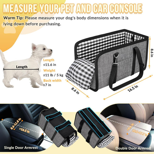 11lbs SlowTon Console Dog Car Seat - Portable Dogs Armrest Booster Seat for Small Dog, Anti-Collapse Pet Car Seat