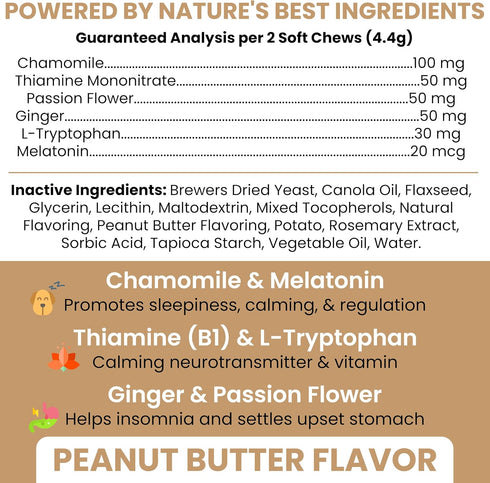 30 Calming Chews for Dogs - Peanut Butter Melatonin Dog Sleep Aid & Calming Dog Treats with Thiamine, L-Tryptophan