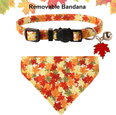 ADOGGYGO Fall Cat Collars with Removable Bandana, Adjustable Autumn Thanksgiving Collar for Cats and Kittens
