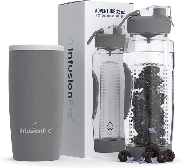 Infusion Pro 32 oz Fruit Infuser Water Bottle with Insulated Sleeve & 50 Recipe eBook: Large Bottom Loading Water