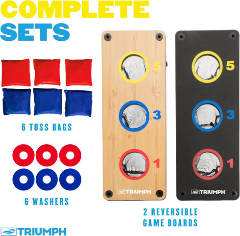 2-in-1 3-Hole Triumph Bag Toss & Washer Toss Combo Game Compact Dual-Play Boards with Built-in Scoring, Bean Bags