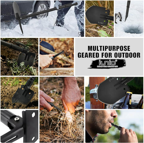 iunio 35in Folding Shovel, Camping Shovel, Heavy Duty Carbon Steel Military Style Entrenching Tool, Collapsible Spade