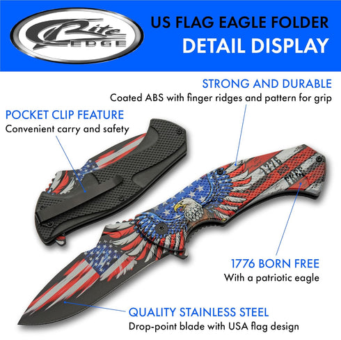 SZCO Supplies 8.75" USA Eagle Flag Assisted Open Folding Knife With Pocket Clip, Red White Blue