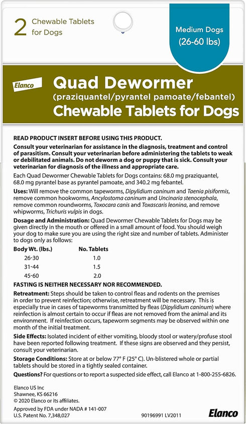 Elanco Chewable Quad Dewormer for Medium Dogs, 2 Chewable Tablets for 26-60 lbs