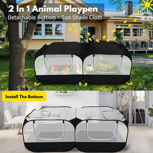 Small Animal Playpen, Portable Chicken Run Coop with Detachable Bottom and Breathable Mesh Walls, Foldable Pet