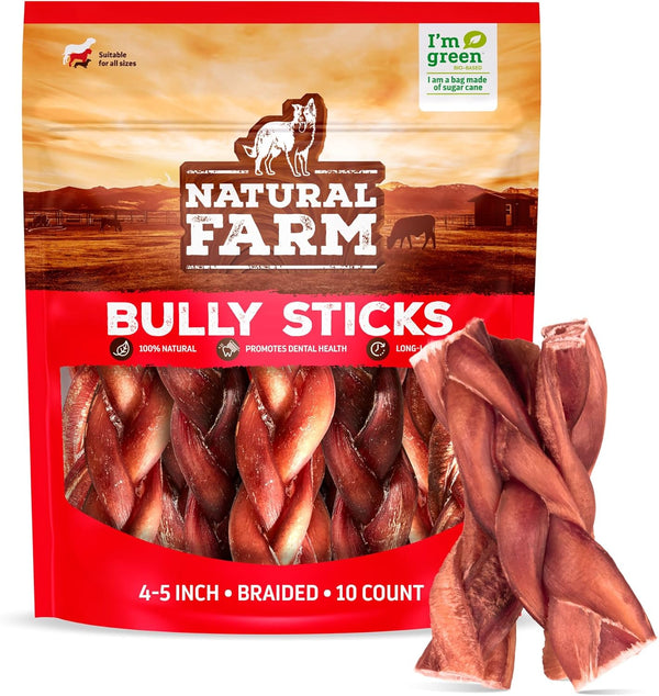 Natural Farm Odor-Free Braided Bully Sticks (4-5 Inch, 10 Pack) - 100%