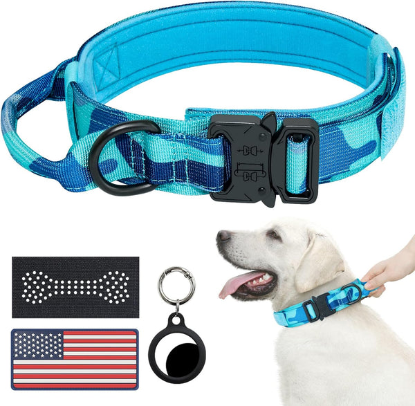 Hotsky Tactical Dog Collar, Adjustable Military Nylon with Handle, Airtag Holder for Medium Large Dogs, Blue Camo, L