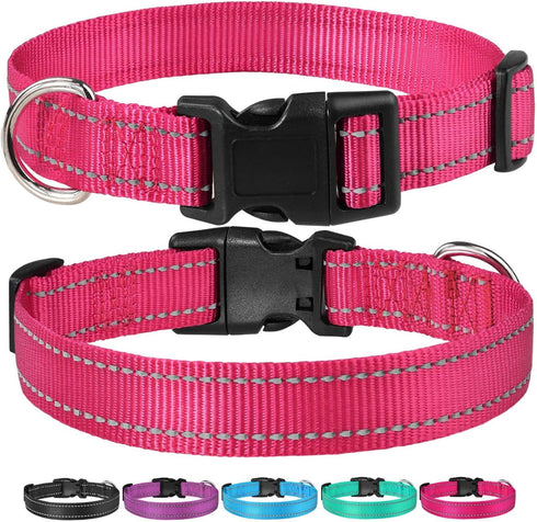 Reflective Dog Collar with Adjustable Buckle, Safety Nylon Collars for Small Medium Large Dogs (Hotpink)