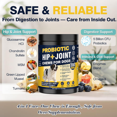 Hip and Joint Supplement for Dogs Dog Probiotics Glucosamine Chondroitin MSM Chew for Dog Arthritis Pain Relief Extend