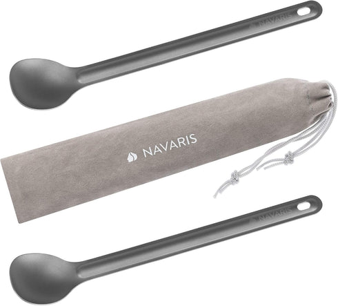 Navaris Long Handle Metal Spoons (Set of 2) - 8.4" (21.5cm) Ultra Lightweight Cutlery for Camping and Backpacking