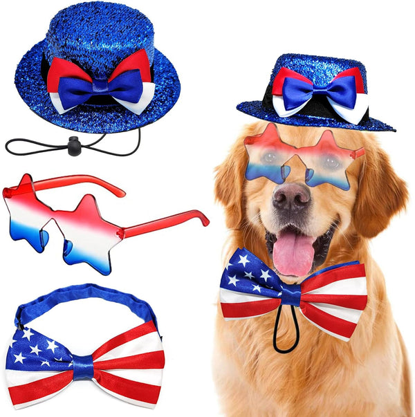 Dog Independence Day Costume, 3PCS 4th July Hat, USA Stars Sunglasses, American Flag Bow Tie Collar for Medium Large