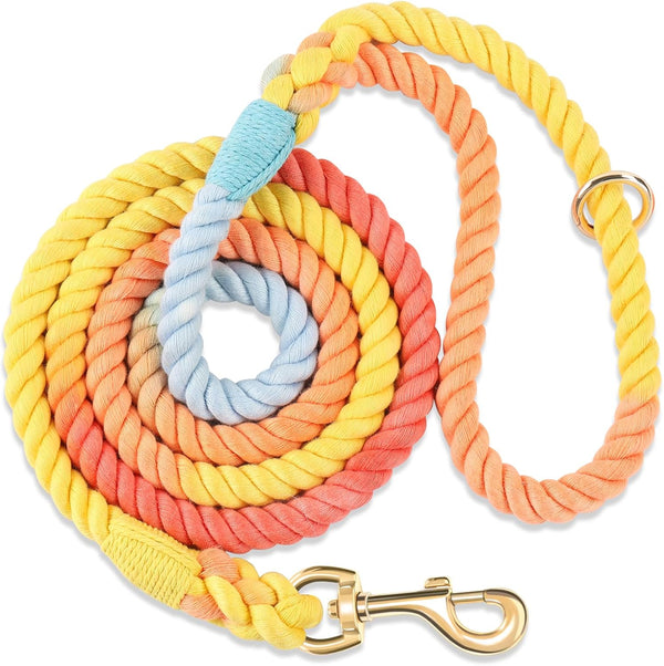 Dog Leash 5 FT, Handmade Braided Cotton Rope for Small, Medium, Large Dogs, Colorful Rainbow with Heavy Duty Clasp