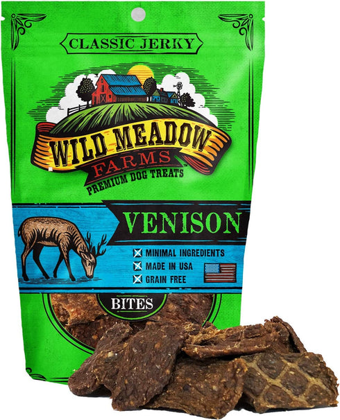 Wild Meadow Farms - Classic Venison Bites, Soft Jerky Treats for Dogs, Grain-Free, 3.5 Ounce Pouch