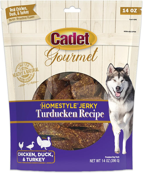 Cadet Gourmet Homestyle Jerky Treats for Dogs - 14 oz Turducken Recipe, Healthy & Natural Made with Real Turkey, Duck,