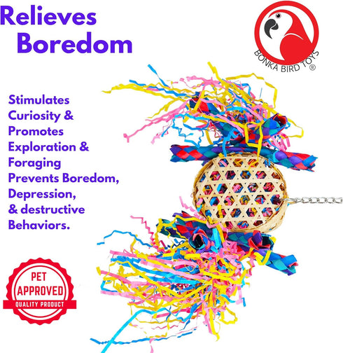 Bonka Bird Toys 1721 Round Basket Bamboo Paper Crinkle Beak Feet Hanging Forage Stuffed for Parrots