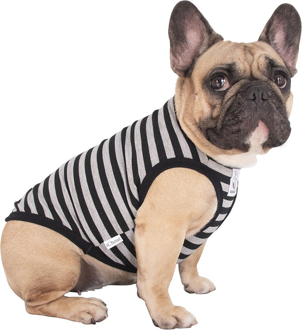 iChoue French Bulldog 100% Breathable Cotton Striped T Shirts, Summer Cooling Vest Clothes for Medium Dogs Tank Tops