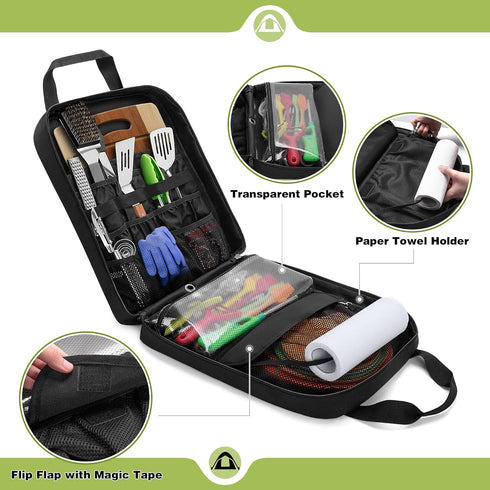 Hanging Camp Utensil Organizer with Towel Paper Holder, Portable Camping Kitchen Cookware Bag for Outdoor Cooking