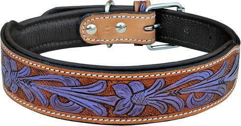 Leather Dog Collar, Western Style, Heavy Duty Hand Tooled, Adjustable Padded for Puppies and Big Dogs (10AB127-S)