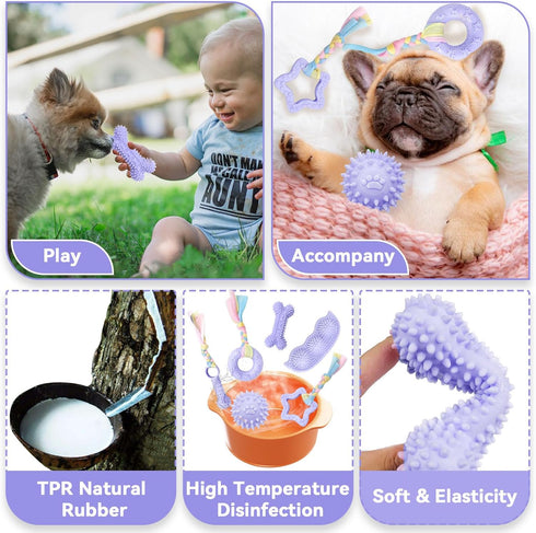 6 Pack Puppy Teething Toys, Cute Purple Chew Toys for Puppies 0-6 Months, Soft Rubber Rope
