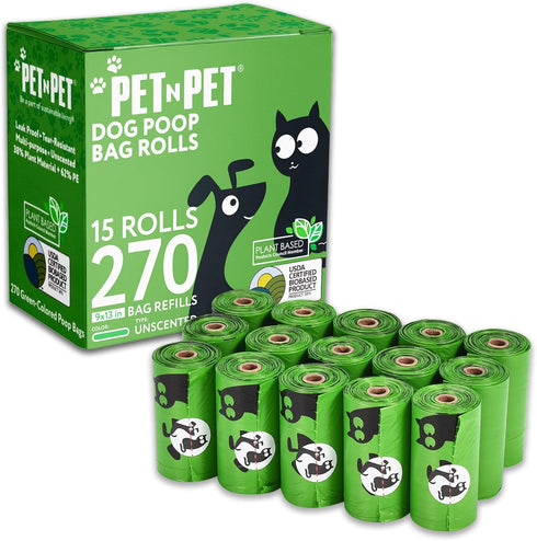 Pet N Pet Poop Bags for Dogs, 270 Counts, Unscented Green Dog Waste Bags, 38% Plant Based
