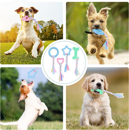 Puppy Teething Chew Toys, 4 Pcs with Interactive Cotton Ropes for Small Dogs, Rubber Chew Toys for Oral Teeth Soothe