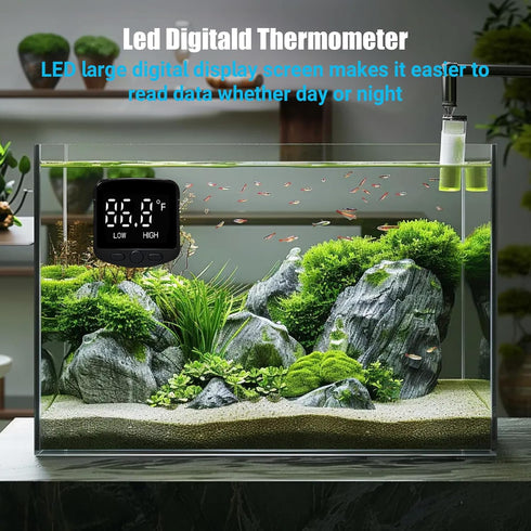 2-in-1 Aquarium Magnetic Brush - Fish Tank Glass Cleaner with Digital Aquariums Thermometer, Tiny Magnets Clean
