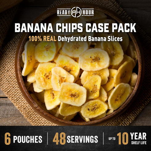 Pack 48 (6 Ready Hour Banana Chips Case Emergency Snacks, Dehydrated Fruit, Long-Term Storage, Crunchy Banana, Survival