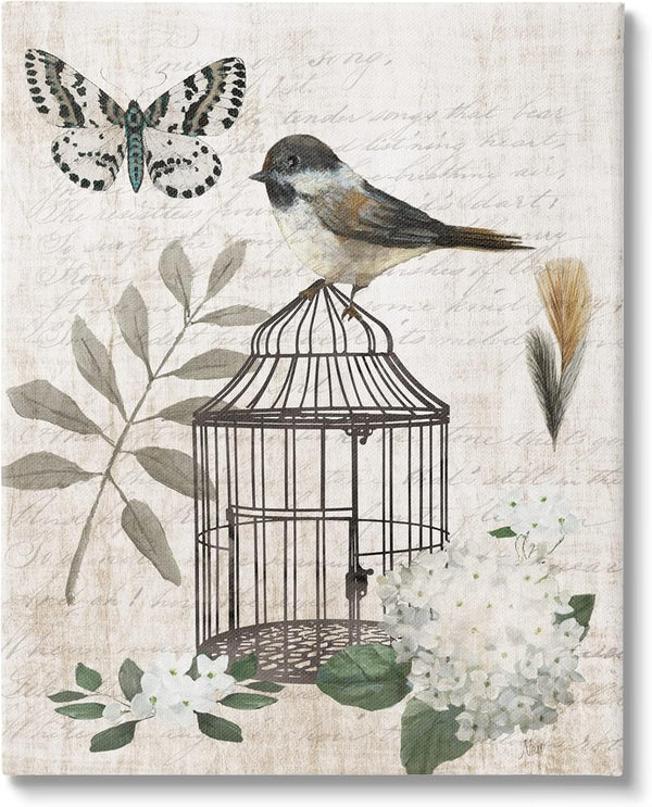 Stupell Industries Botanical Bird Cage Vintage Words Butterfly Motif Canvas Wall Art by Nan