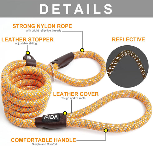 Fida Durable Slip Lead Dog Leash, 6 FT x 3/8" Heavy Duty Dog Loop Leash, Comfortable Strong Rope Slip Leash for Small Dogs and Puppies, No Pull Pet Training Leash with Highly Reflective (3/8", Orange)