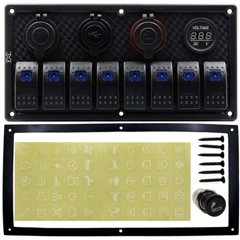 FXC 12V 24V Blue LED ON/Off Marine Multi Function Switch Panel - Waterproof 8 Gang Rocker Switch Panel