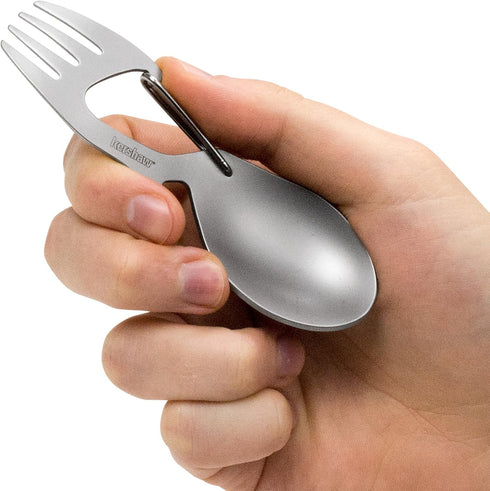 Kershaw Ration Multi Tool Spork, Stainless Steel Spoon, Fork, Carabiner, Bottle Opener, Regular and XL Sizes
