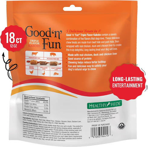 12 Good'n'Fun Triple Flavored Rawhide Kabobs for Dogs, Beef, ounces