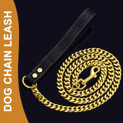 Gold Dog Chain Leash; 3FT 18K Gold Stainless Steel 10mm Cuban Link with Comfortable Leather Handle for Dogs (G)