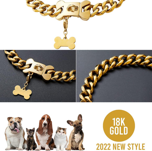 Gold Chain Dog Collar 19mm, 18K Cuban Link with Secure Snap Buckle for Small Medium Pitbull (26")