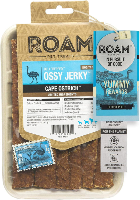 ROAM PET TREATS Ossy Jerky Dog Treats, Single Sourced Ostrich Protein for Dogs