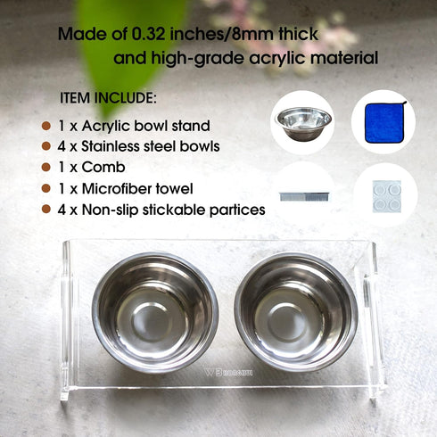 Tilted Raised Elevated Food and Water Bowls Stand for Cat or Small Dogs, Clear Acrylic Stainless Steel Dishes Holder