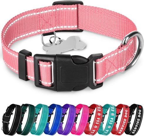 TECEUM Reflective Dog Collar – Pink – M – Basic Nylon Pet Collar, Quick Release Buckle
