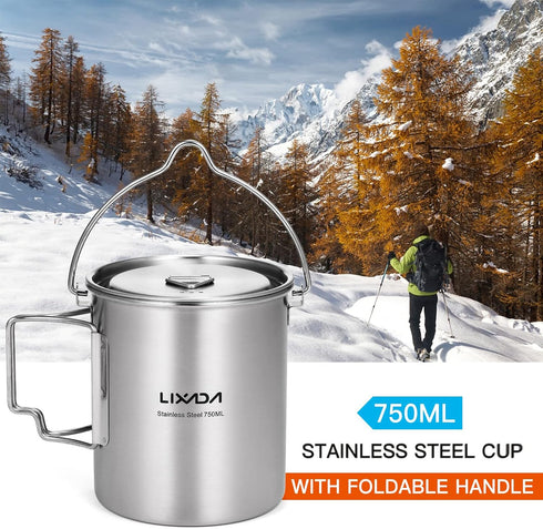 LIXADA Camping Cup Pot - 750ml Stainless Steel Water Cup with Foldable Handles and Lid for Outdoor Use