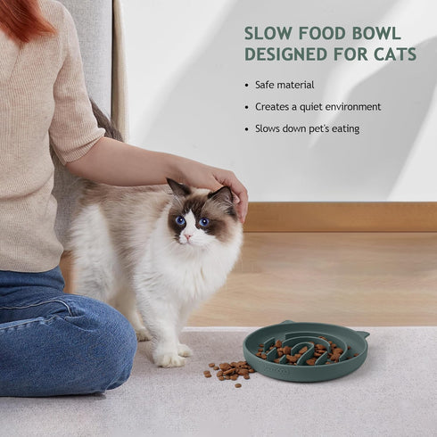 Coomazy Dark Green Silicone Slow Feeder Dog Cat Bowls, Interactive Puzzle Toy, Prevents Overeating, Medium: 1.4Cup