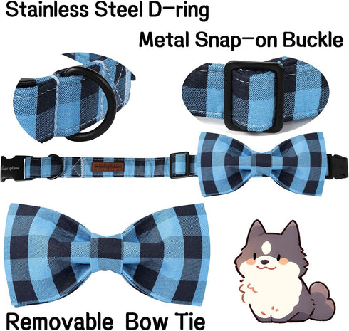 Unique Style Paws Cotton Dog Collar - Bow Puppy Collar with Black Blue Grid for Small Medium Large Dogs