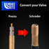 Presta Valve Adapter to Convert Presta to Schrader, Inflate Tire Using Standard Pump or Air Compressor
