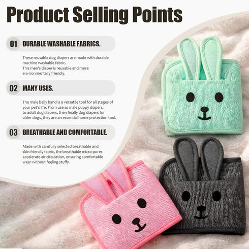 3D Cute Belly Bands for Male Dogs with Ears, Washable Reusable Dog Diaper, Breathable Mesh Wrap for Training