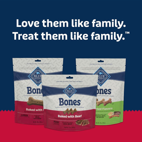12oz. 4 Count Blue Buffalo Bones Natural Crunchy Dog Treats Mini Dog Biscuits Beef, Bag